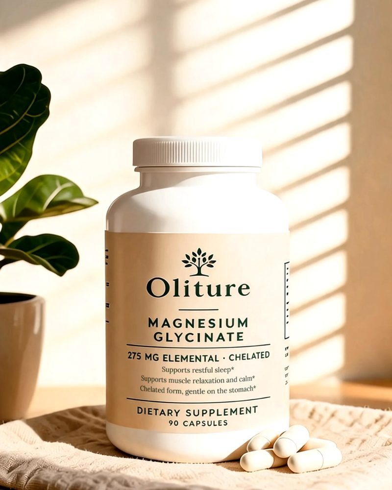 Oliture Magnesium Glycinate bottle in window light