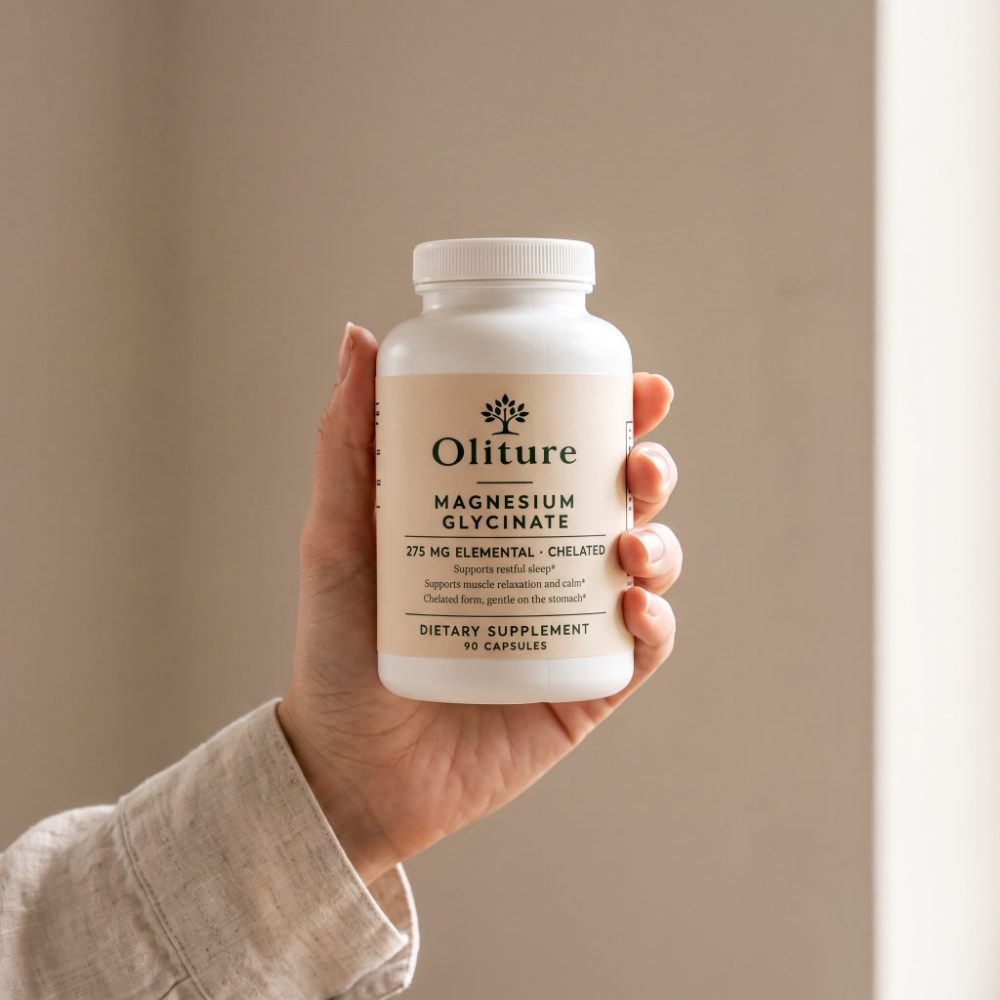 An Oliture bottle held in hand